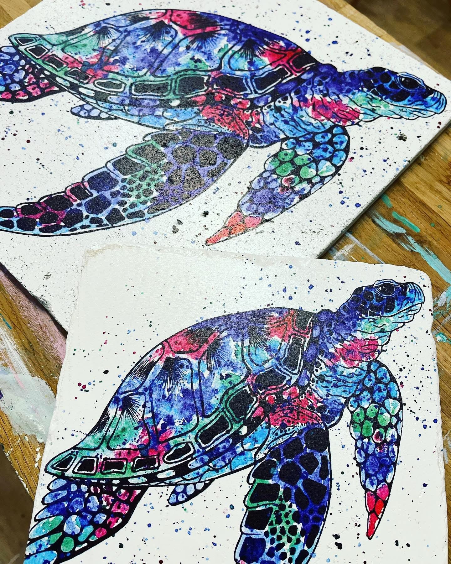 Rainbow Sea Turtle Stone Coasters | Artwork by Katie Goddard