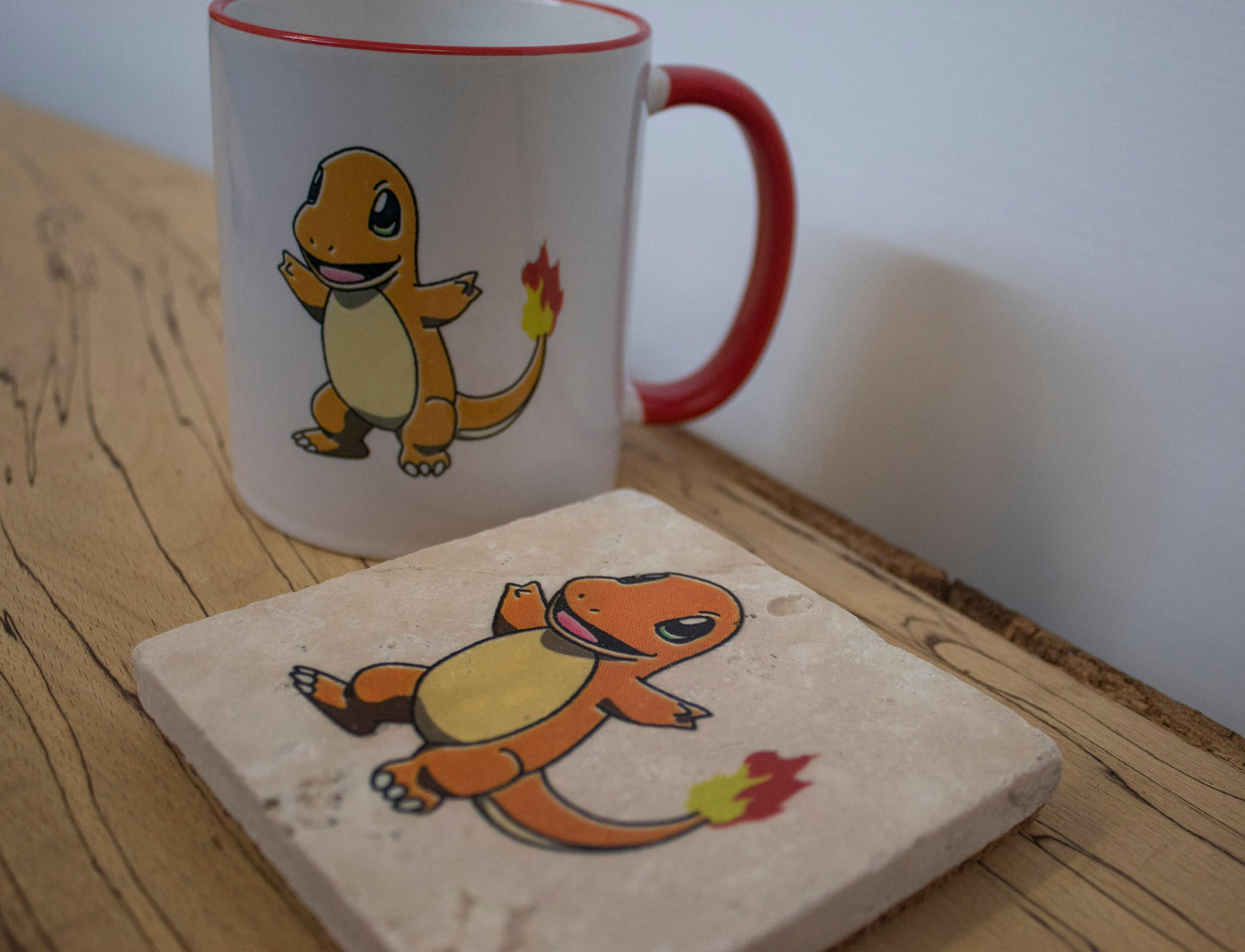Stone Coasters & Mug Set: Charmander Pokemon | Retro Gaming Gift