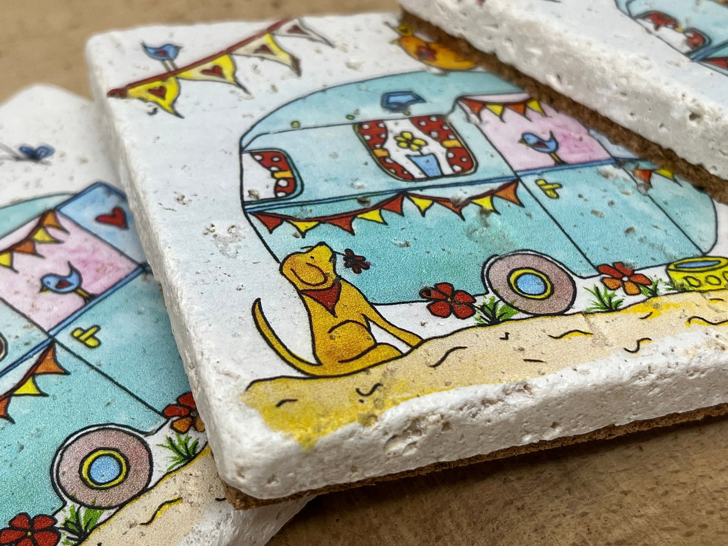 Stone Coasters: Caravan - Artwork by Katie Goddard (Set of 4)