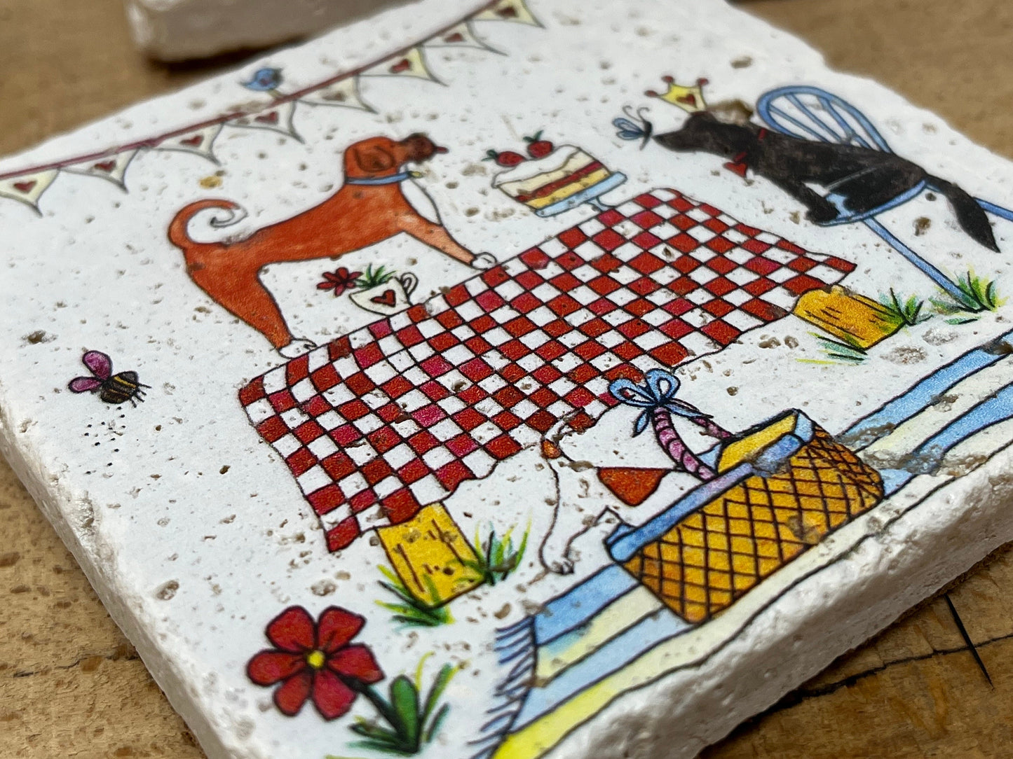 Stone Coasters: Doggie Picnic - Artwork by Katie Goddard (Set of 4)