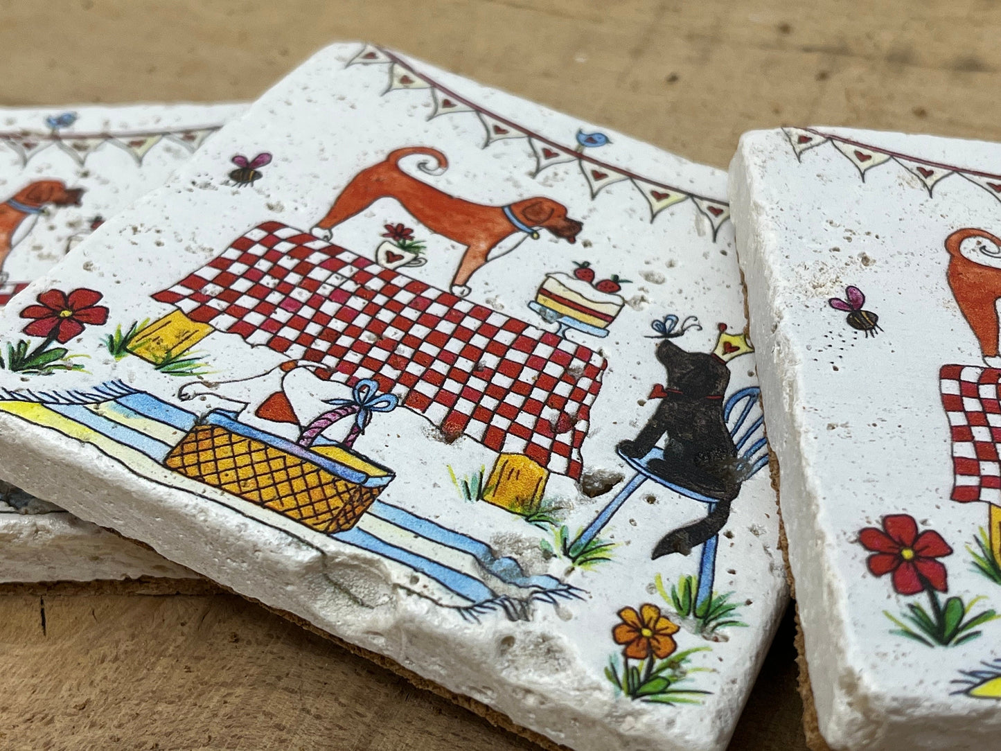 Stone Coasters: Doggie Picnic - Artwork by Katie Goddard (Set of 4)