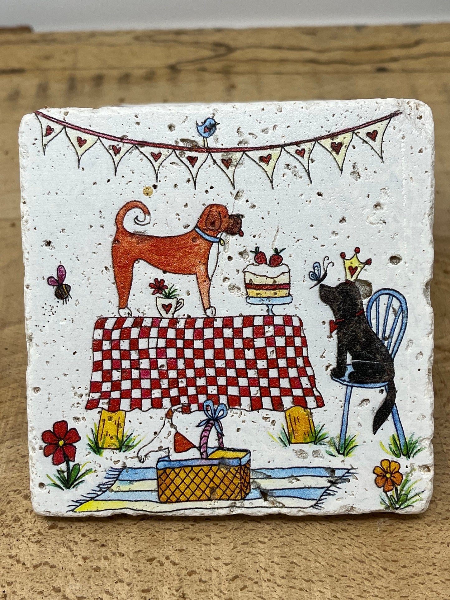 Stone Coasters: Doggie Picnic - Artwork by Katie Goddard (Set of 4)