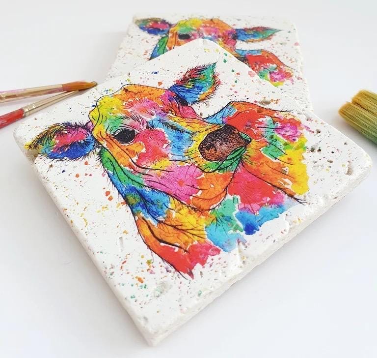 Stone Coasters: Rainbow Cow - Artwork by Katie Goddard (Set of 4)