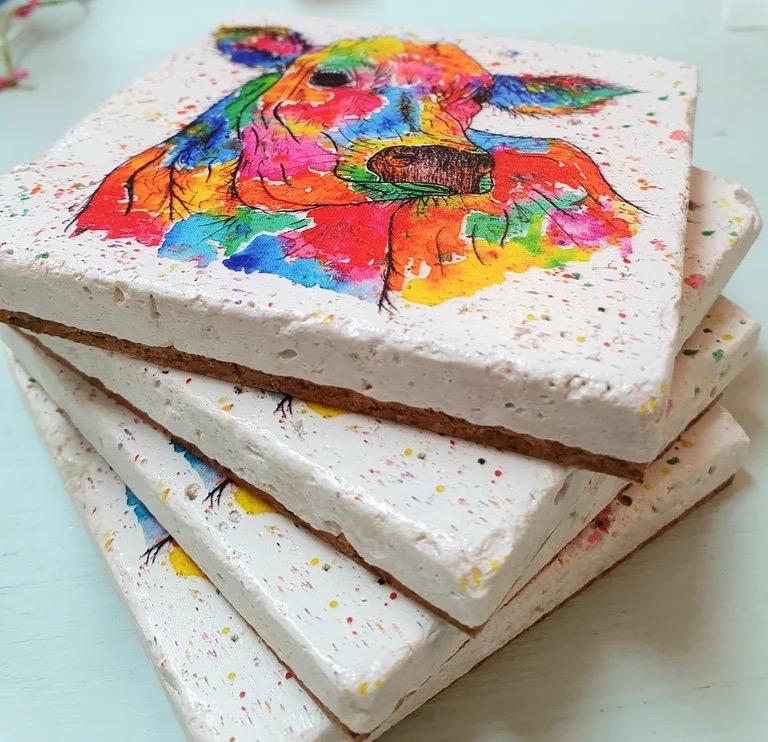 Stone Coasters: Rainbow Cow - Artwork by Katie Goddard (Set of 4)