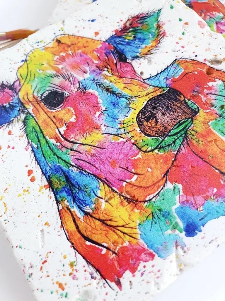 Stone Coasters: Rainbow Cow - Artwork by Katie Goddard (Set of 4)