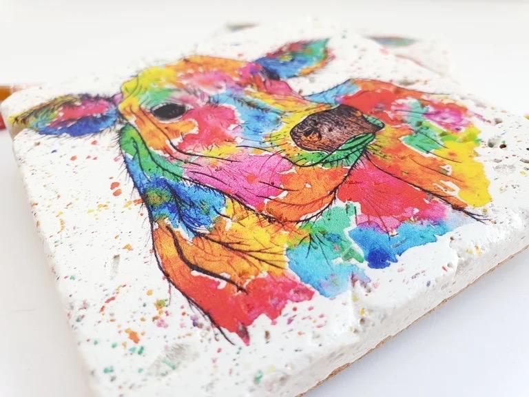 Stone Coasters: Rainbow Cow - Artwork by Katie Goddard (Set of 4)