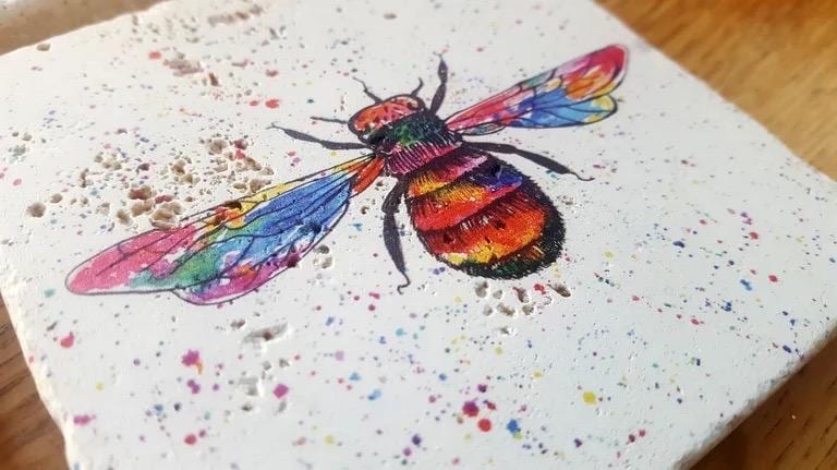 Stone Coasters: Rainbow Bumblebee - Artwork by Katie Goddard (Set of 4)