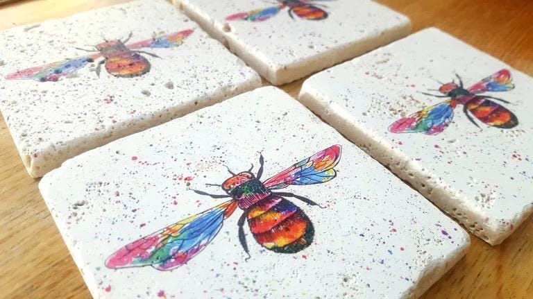 Stone Coasters: Rainbow Bumblebee - Artwork by Katie Goddard (Set of 4)