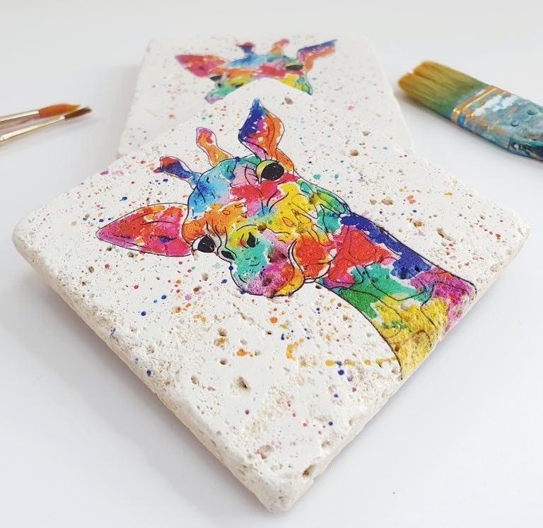 Mixed Set of Stone Coasters: 1 x Cow, 1 x Giraffe, 1 x swan, 1 x Horse - Artwork by Katie Goddard (Set of 4)