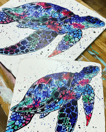 Rainbow Sea Turtle Stone Coasters | Artwork by Katie Goddard