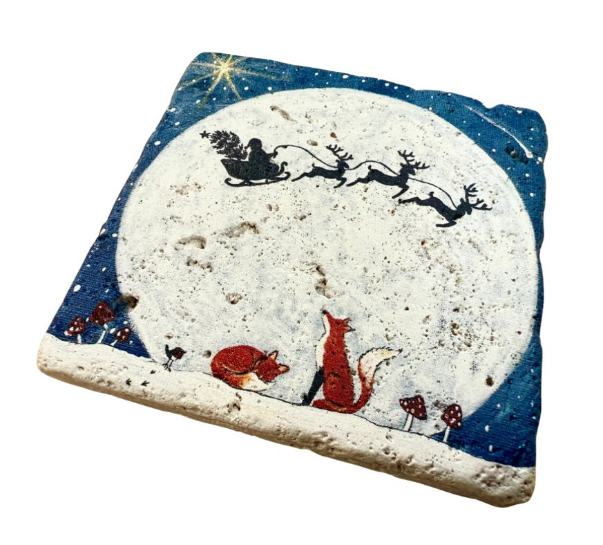Santa Sleigh Christmas Stone Coasters | Artwork by Katie Goddard.