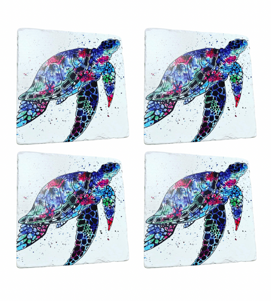Rainbow Sea Turtle Stone Coasters | Artwork by Katie Goddard