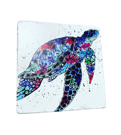 Rainbow Sea Turtle Stone Coasters | Artwork by Katie Goddard