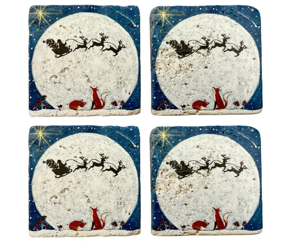 Santa Sleigh Christmas Stone Coasters | Artwork by Katie Goddard.