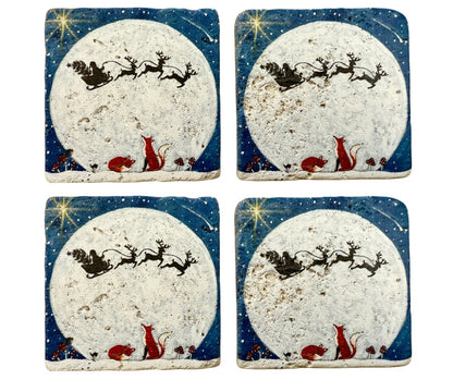 Santa Sleigh Christmas Stone Coasters | Artwork by Katie Goddard.