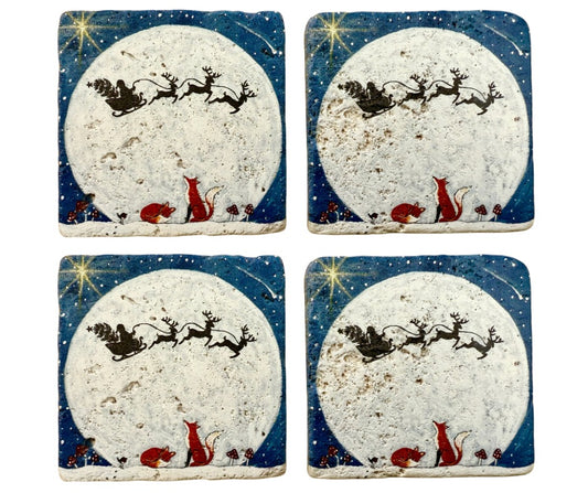 Santa Sleigh Christmas Stone Coasters | Artwork by Katie Goddard.