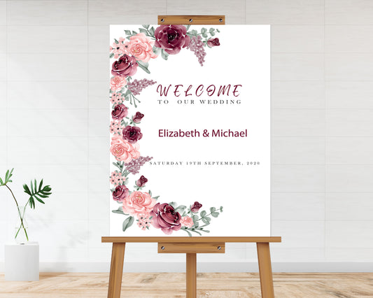 Red Rose Flowers Wedding Welcome Board
