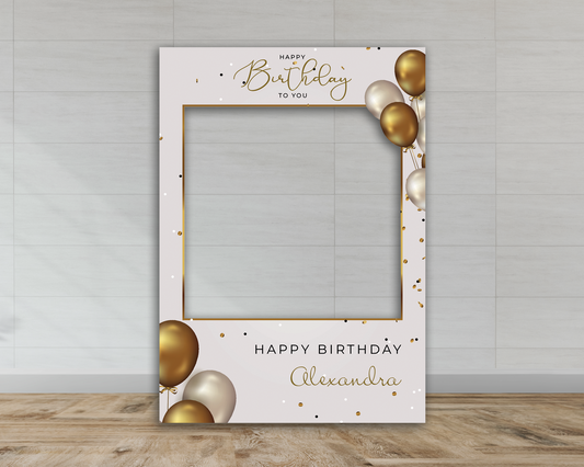 White & Gold Balloons Birthday Selfie Frame