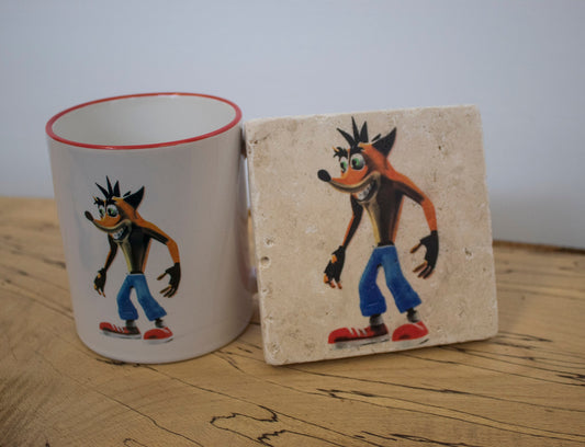 Stone Coasters & Mug Set: Crash Bandicoot | Retro Gaming Gift