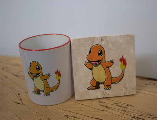 Stone Coasters & Mug Set: Charmander Pokemon | Retro Gaming Gift