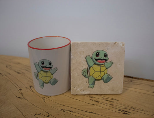 Stone Coasters & Mug Set: Squirtle Pokemon | Retro Gaming Gift