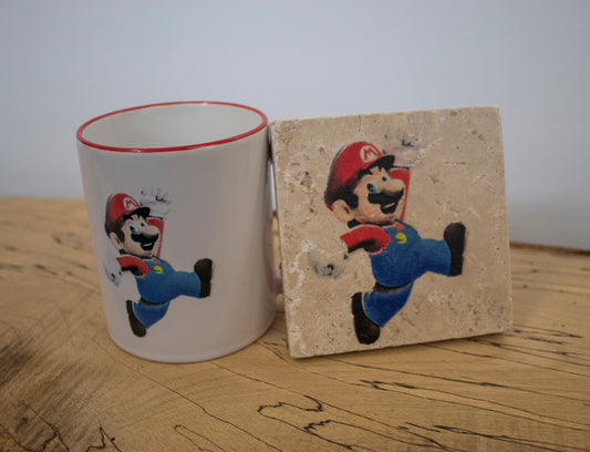 Stone Coasters & Mug Set: Mario | Retro Gaming Gift