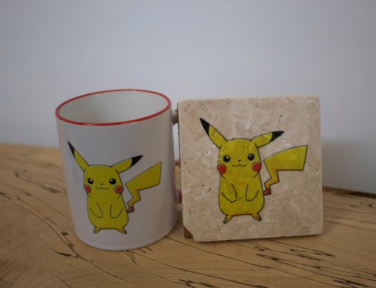 Stone Coasters & Mug Set: Pikachu Pokemon | Retro Gaming Gift