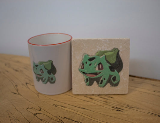 Stone Coasters & Mug Set: Bulbasaur Pokemon | Retro Gaming Gift
