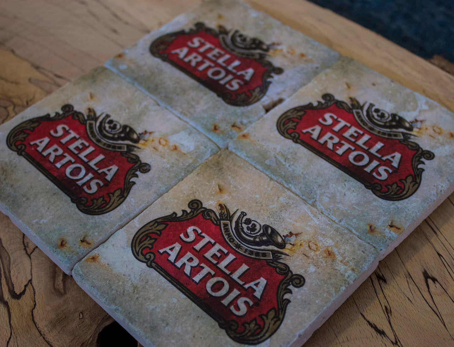 Printed Stone Coasters | Stella Artois (Set Of 4) | Drink Coasters | Natural Coasters