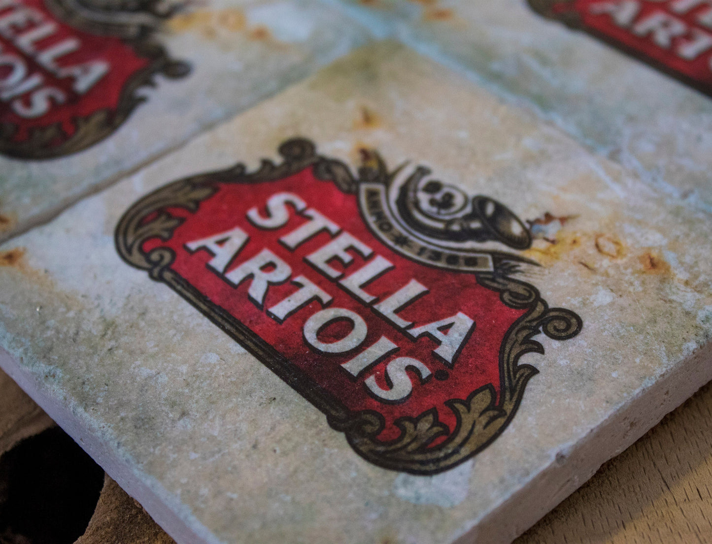 Printed Stone Coasters | Stella Artois (Set Of 4) | Drink Coasters | Natural Coasters