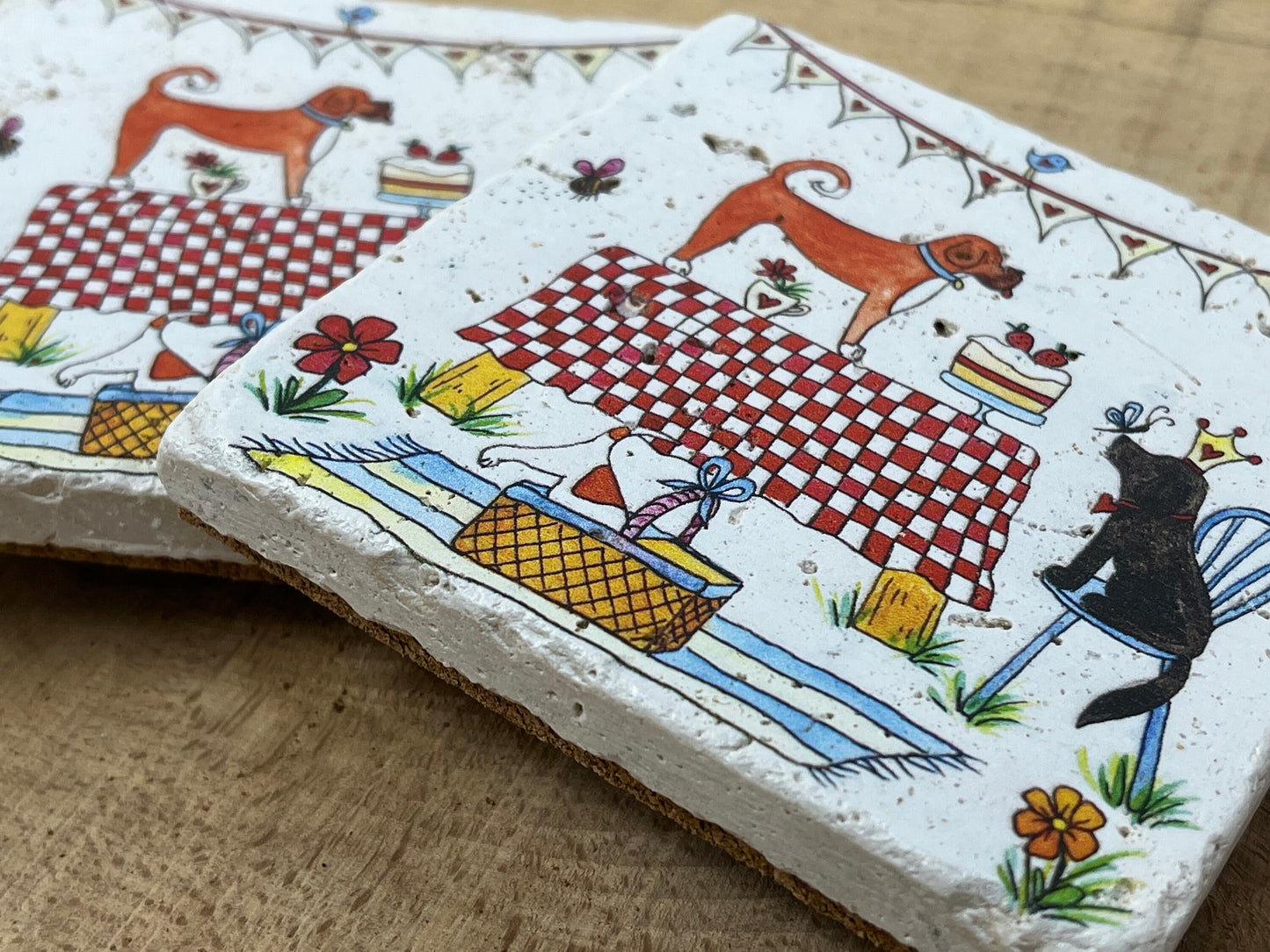 Stone Coasters: Doggie Picnic - Artwork by Katie Goddard  (Set of 4)