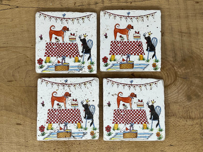 Stone Coasters: Doggie Picnic - Artwork by Katie Goddard  (Set of 4)
