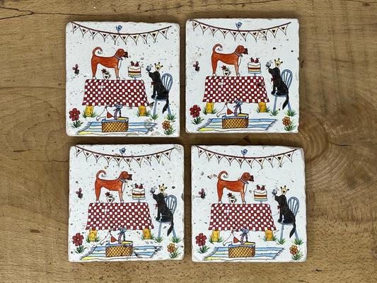 Stone Coasters: Doggie Picnic - Artwork by Katie Goddard  (Set of 4)