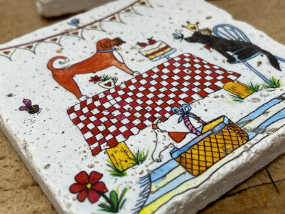 Stone Coasters: Doggie Picnic - Artwork by Katie Goddard  (Set of 4)
